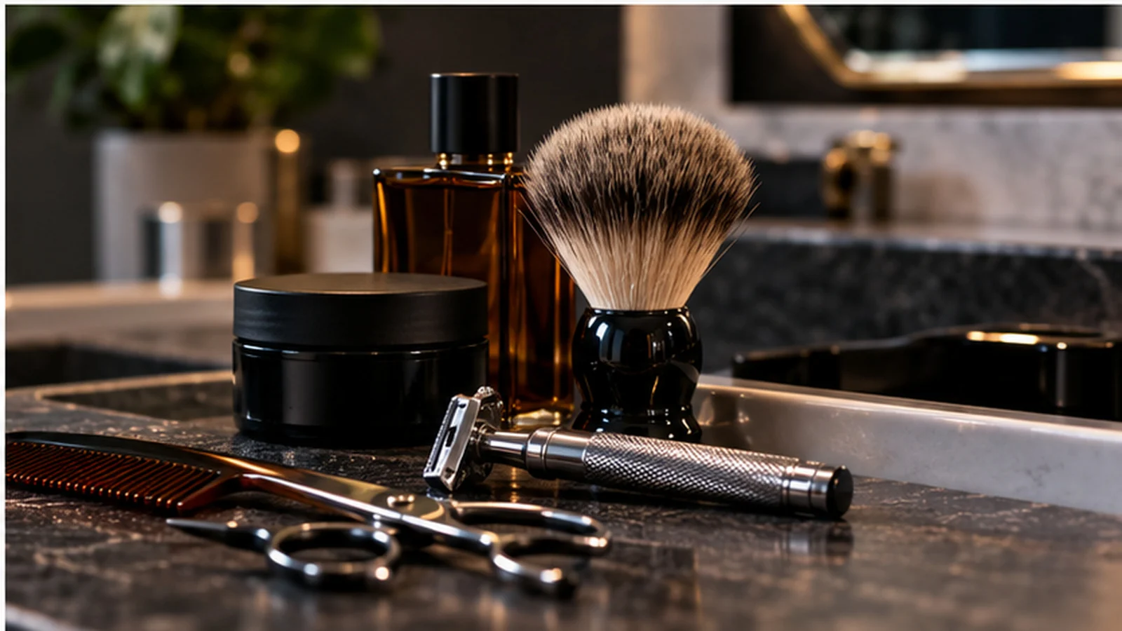 Grooming tools and menswear arranged on a bathroom counter