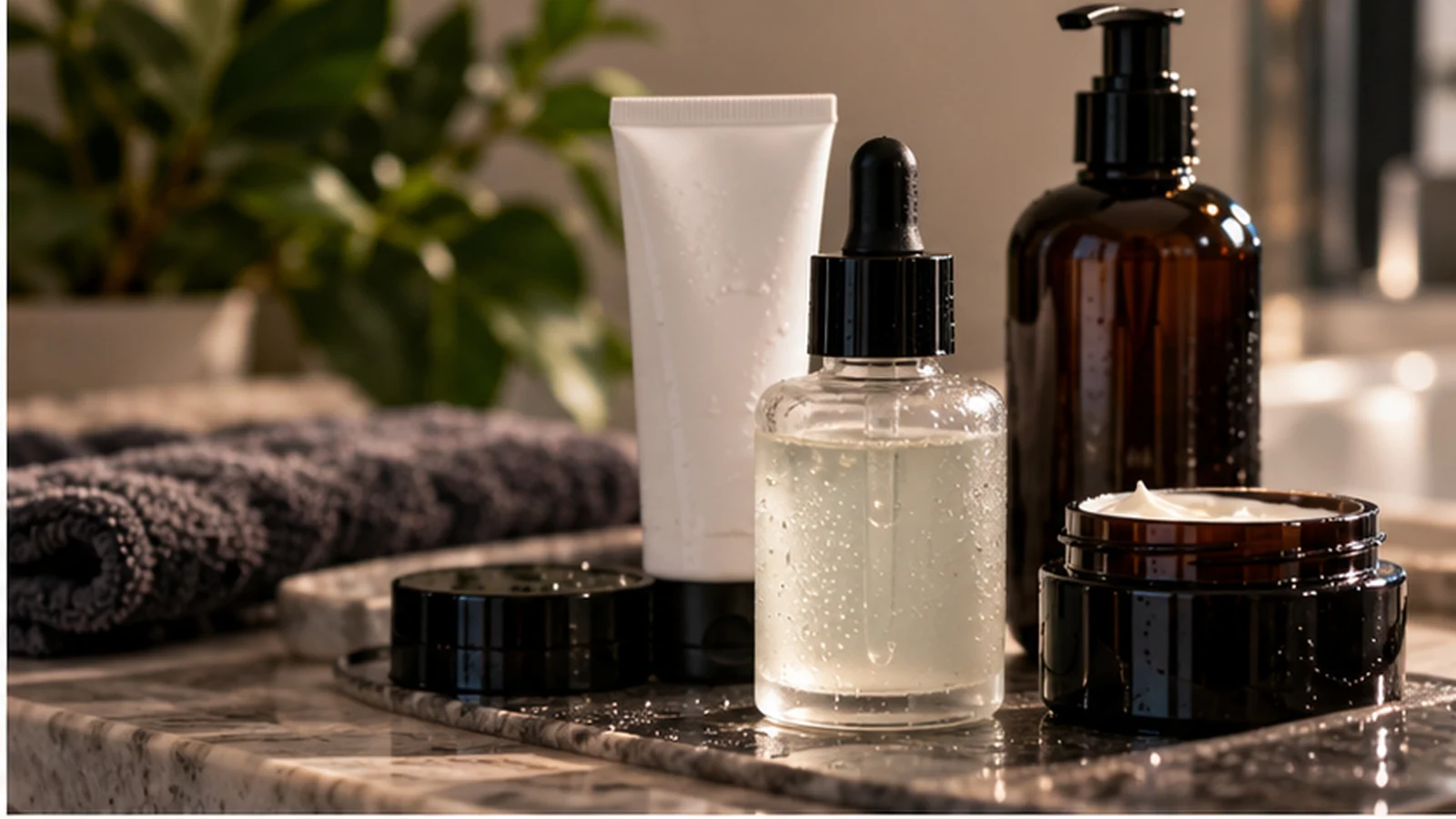 Minimal skincare products arranged on a bathroom counter